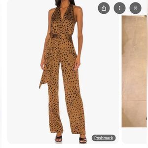 LPA Tan and Black Leopard Print Jumpsuit Size Small - NWOT Silk